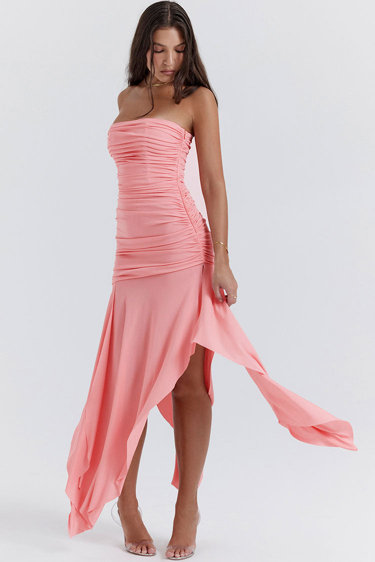 Asymmetrical Ruched Strapless Bodycon Drop Waist High Split Cocktail Dress - Pink - Fashionpara