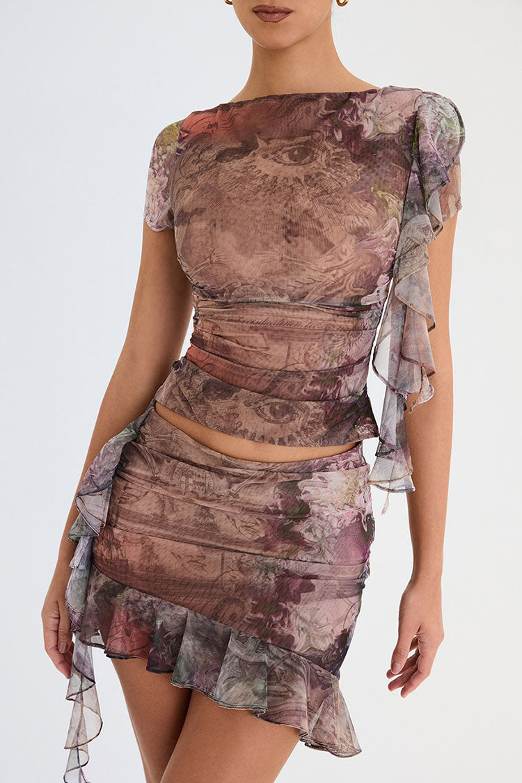 Asymmetric Ruffle Floral Mesh Two Piece Mini Dress