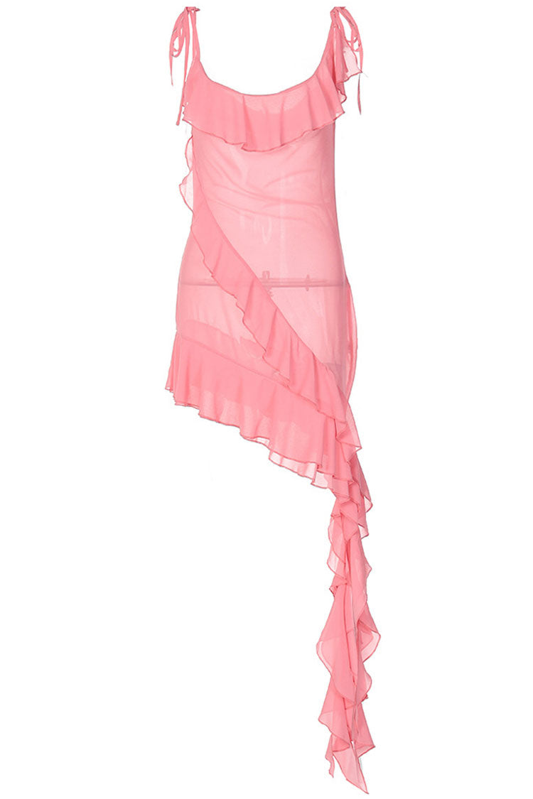 Asymmetrical Ruffle Scoop Neck Tie Strap Chiffon Beach Vacation Dress - Pink - Fashionpara
