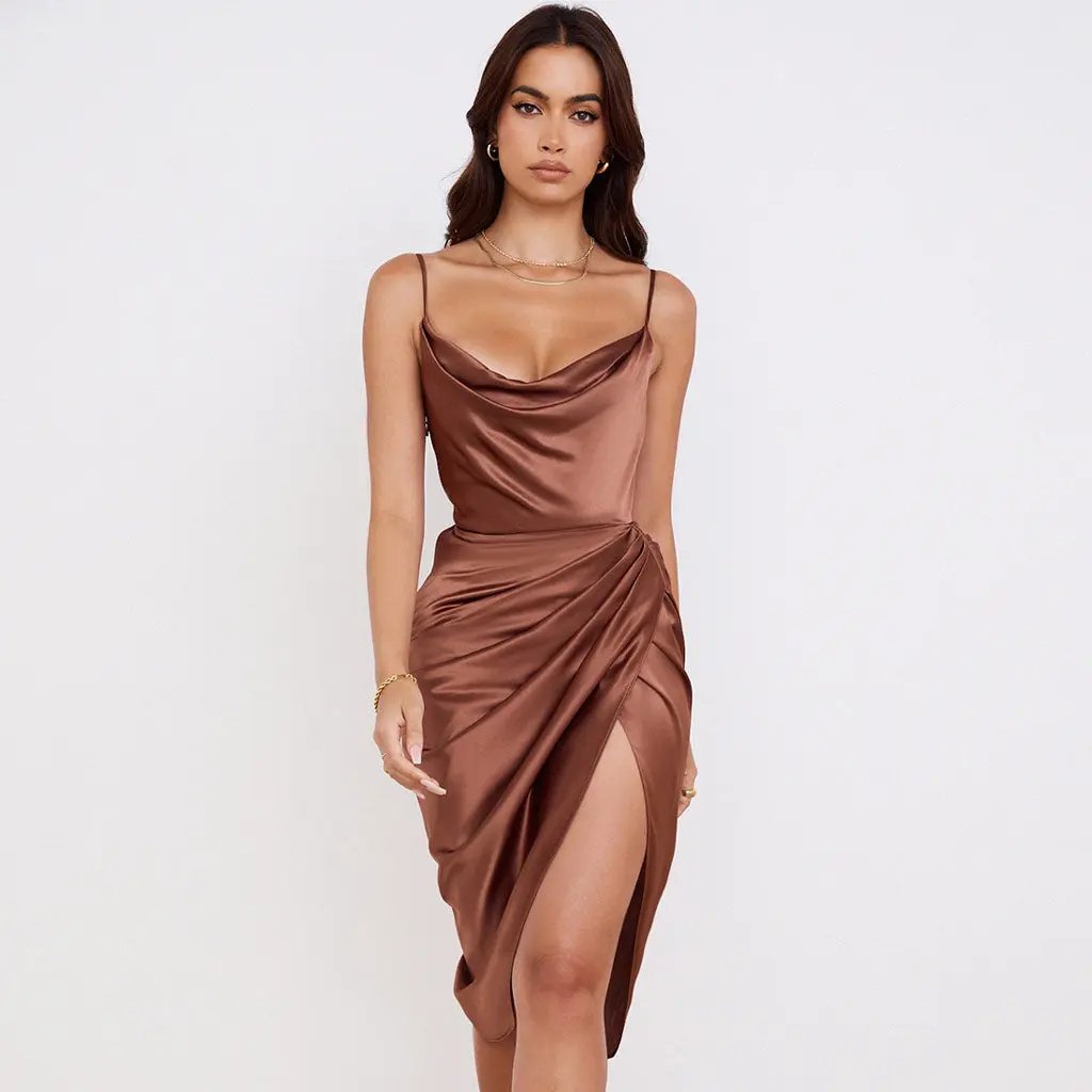 Asymmetrical Split Cowl Neck Ruched Satin Slip Midi Dress - Chocolate Fashionpara