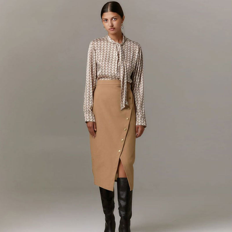 Asymmetrical Split Front Button Down High Waist Wrap Midi Skirt - Khaki - Fashionpara