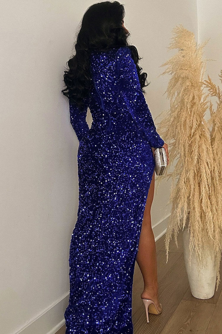 Asymmetrical V Neck Layered Teddy Sequin Velvet Evening Maxi Dress - Blue  Fashionpara