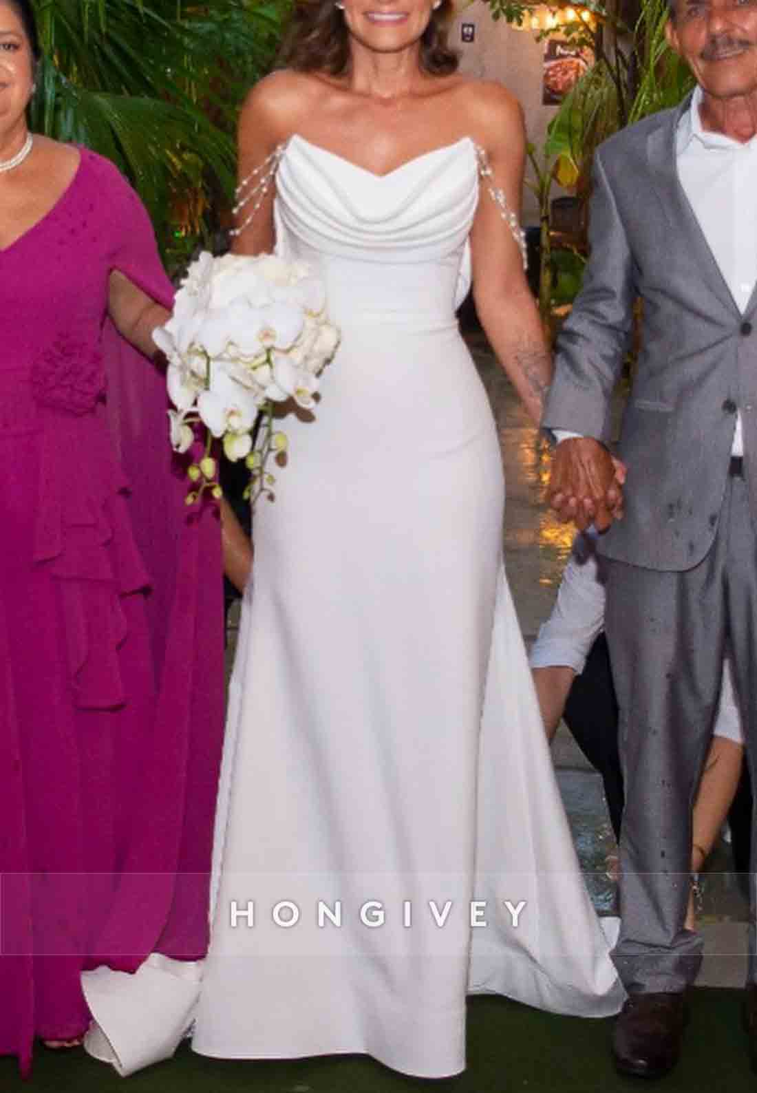 Pleated Pearls Strapless Low Back Ruched Court Train Wedding Dresses