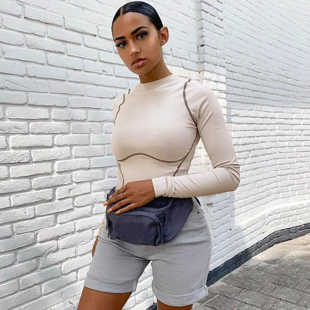 Athletic Crew Neck Contrast Seamed Long Sleeve Bodysuit - Apricot Fashionpara