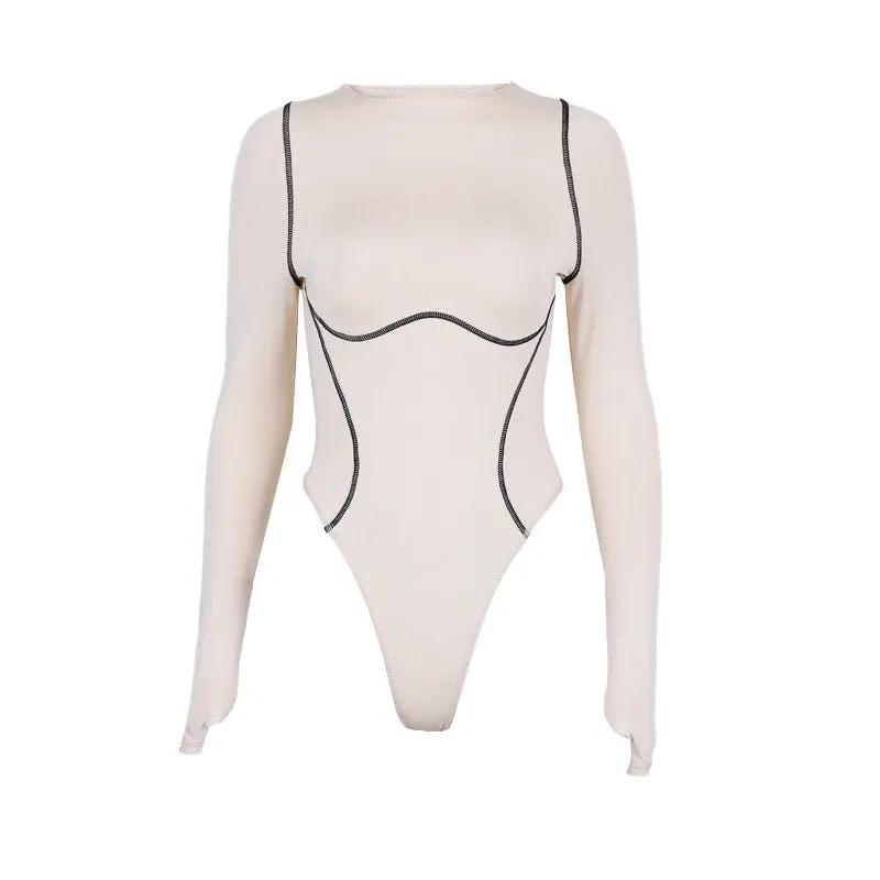Athletic Crew Neck Contrast Seamed Long Sleeve Bodysuit - Apricot Fashionpara