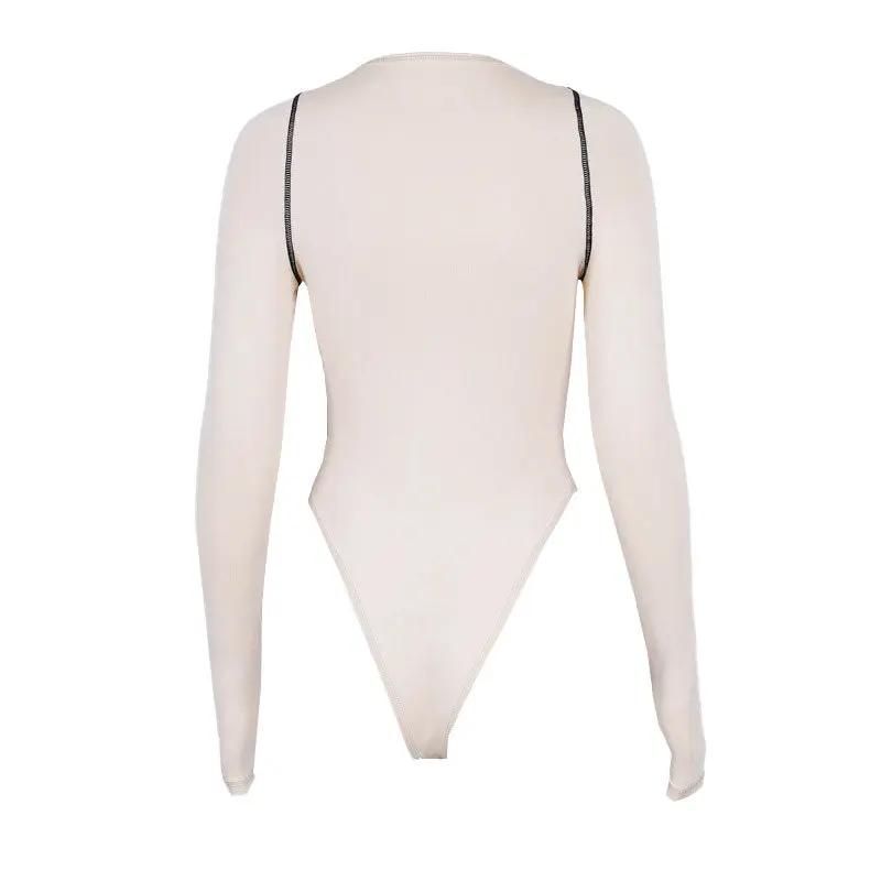 Athletic Crew Neck Contrast Seamed Long Sleeve Bodysuit - Apricot Fashionpara