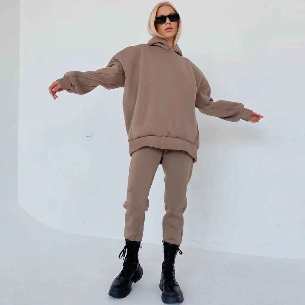 Athletic Drop Shoulder Long Sleeve Hoodie Matching Set - Coffee Fashionpara