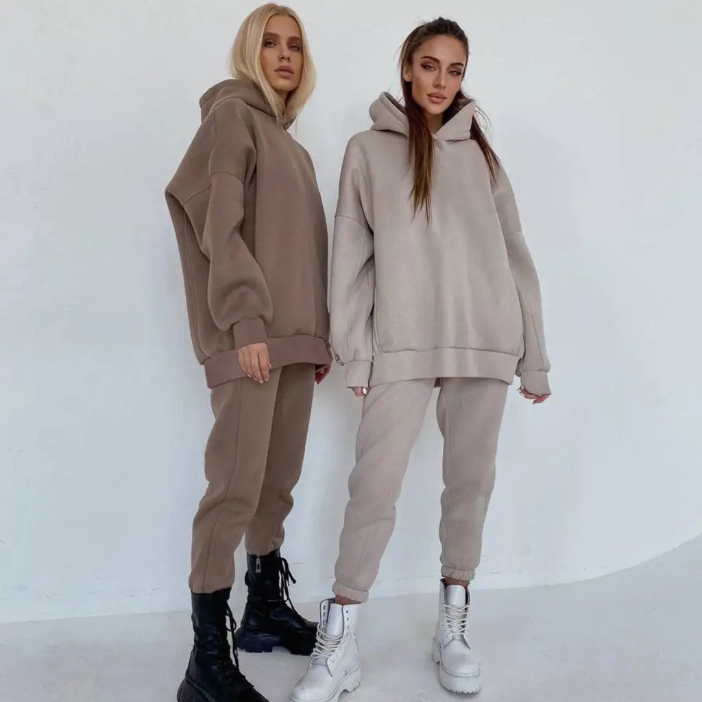 Athletic Drop Shoulder Long Sleeve Hoodie Matching Set - Coffee Fashionpara