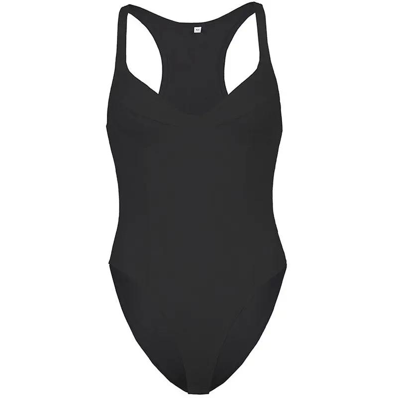 Athletic Sweetheart Bustier Racerback High Leg Fitted Bodysuit - Black Fashionpara