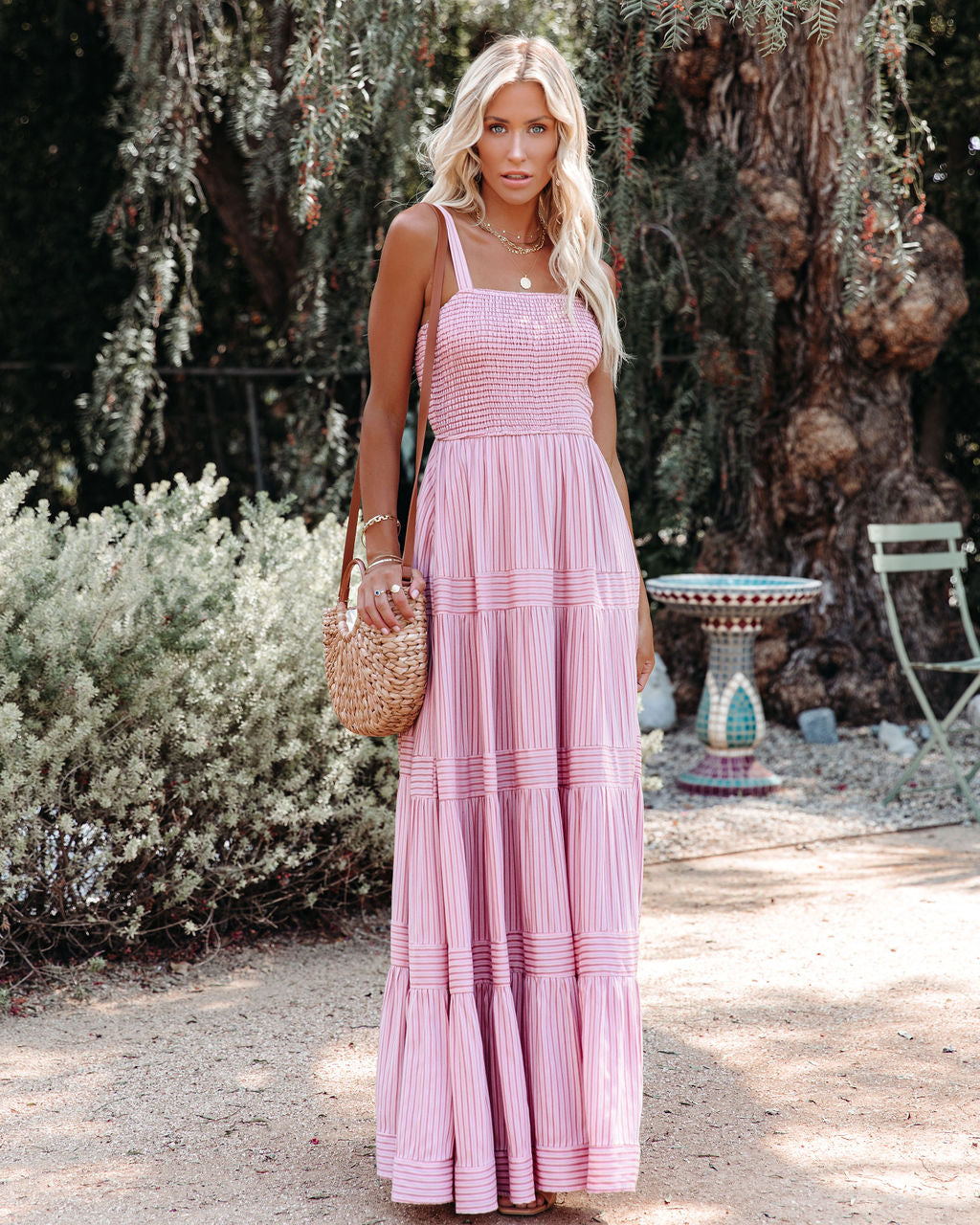 Striped Smocked Square Neck Tiered Maxi Dress