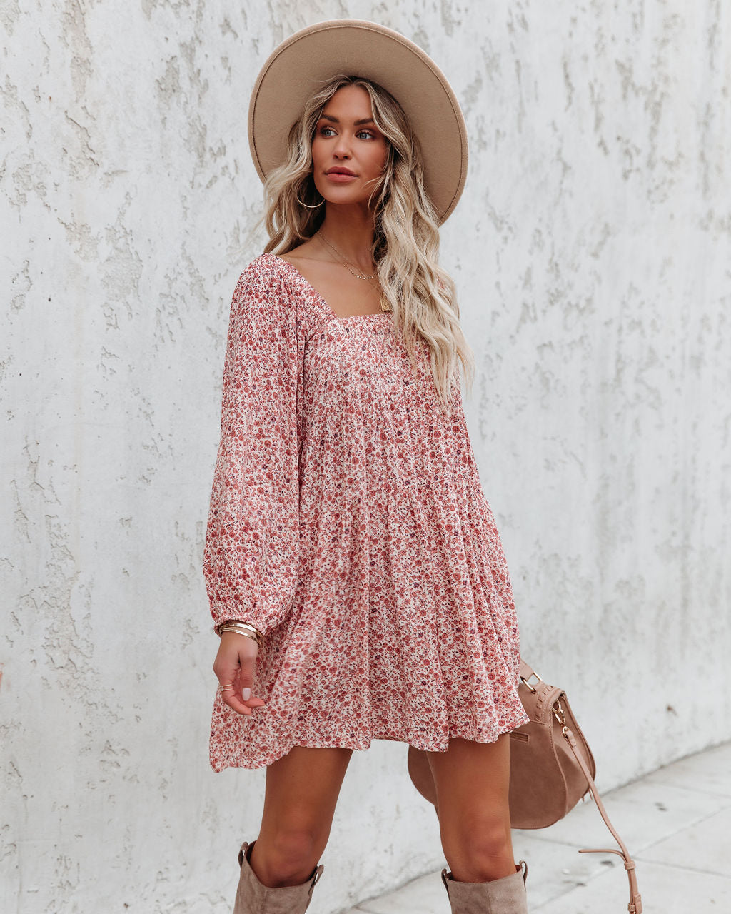 Floral Print Square Neck Puff Sleeve Tiered Mini Dress