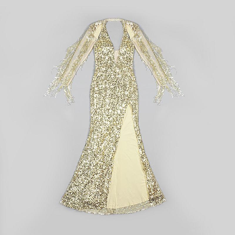 Sequin Halter Plunge Tassel Mermaid Gown