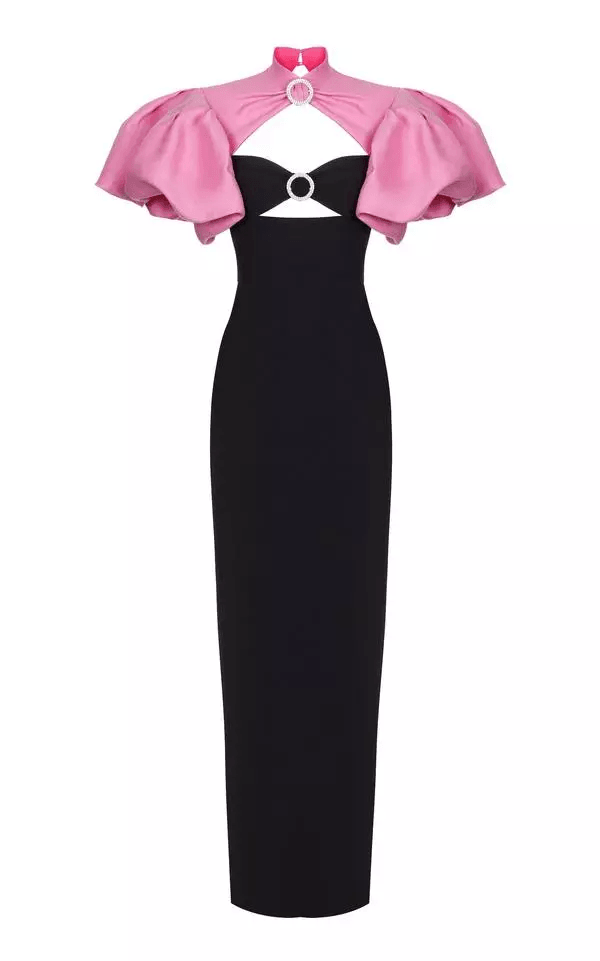 Contrast Puff Sleeve Cutout Maxi Dress