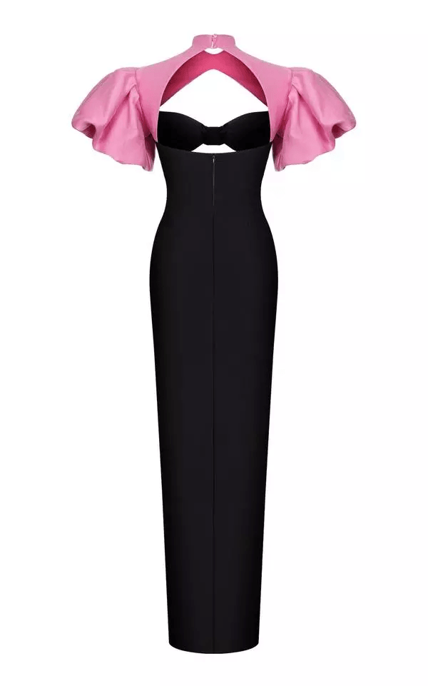 Contrast Puff Sleeve Cutout Maxi Dress
