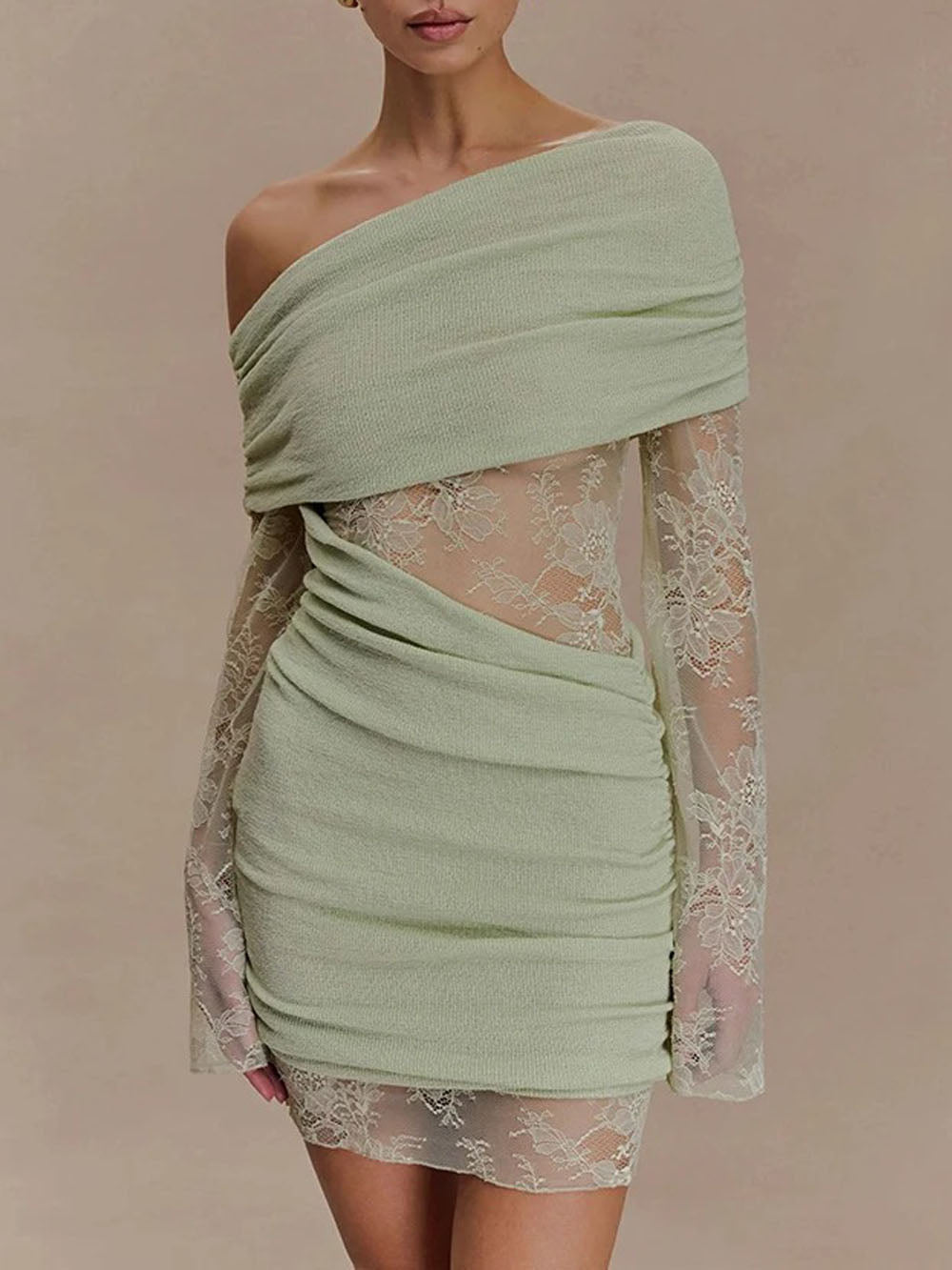 Aurelia One Shoulder Lace Mini Dress Sage Whisper - View 3