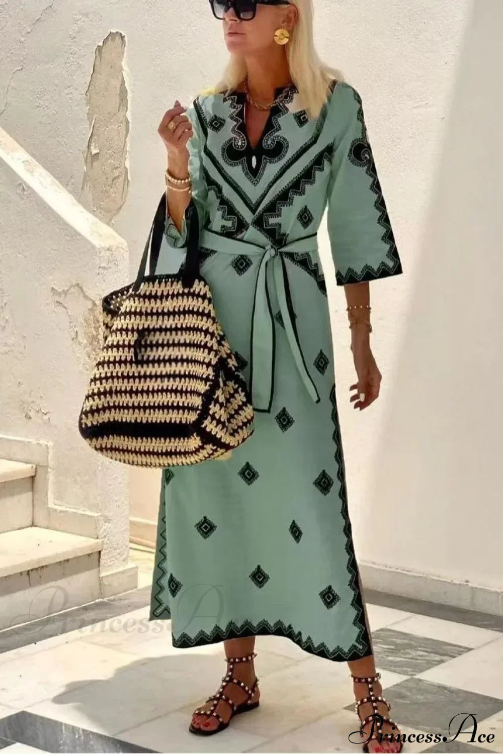 Autumn Fragrant Hemp A-line Boho Dress Green / S bohodress-250126