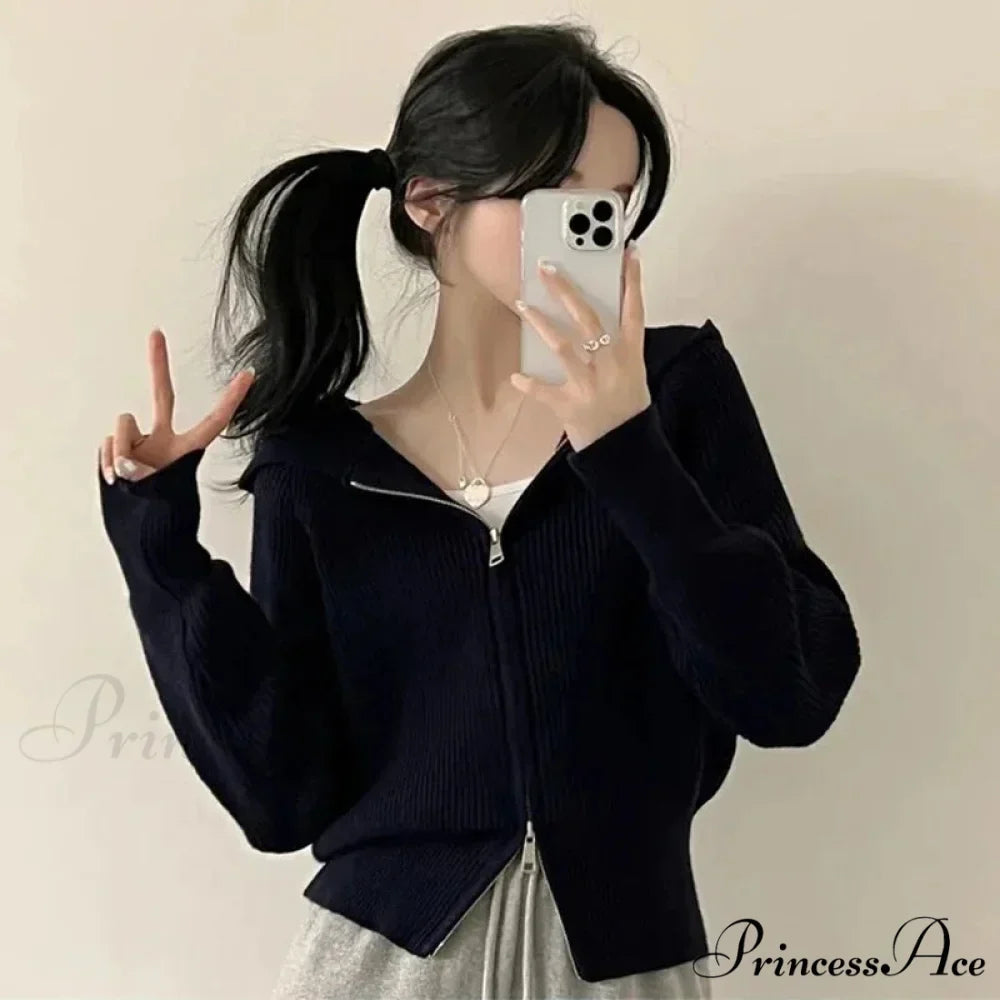 Autumn Winter Long Sleeve Short Loose Solid Knitted Zipper Cardigan 5