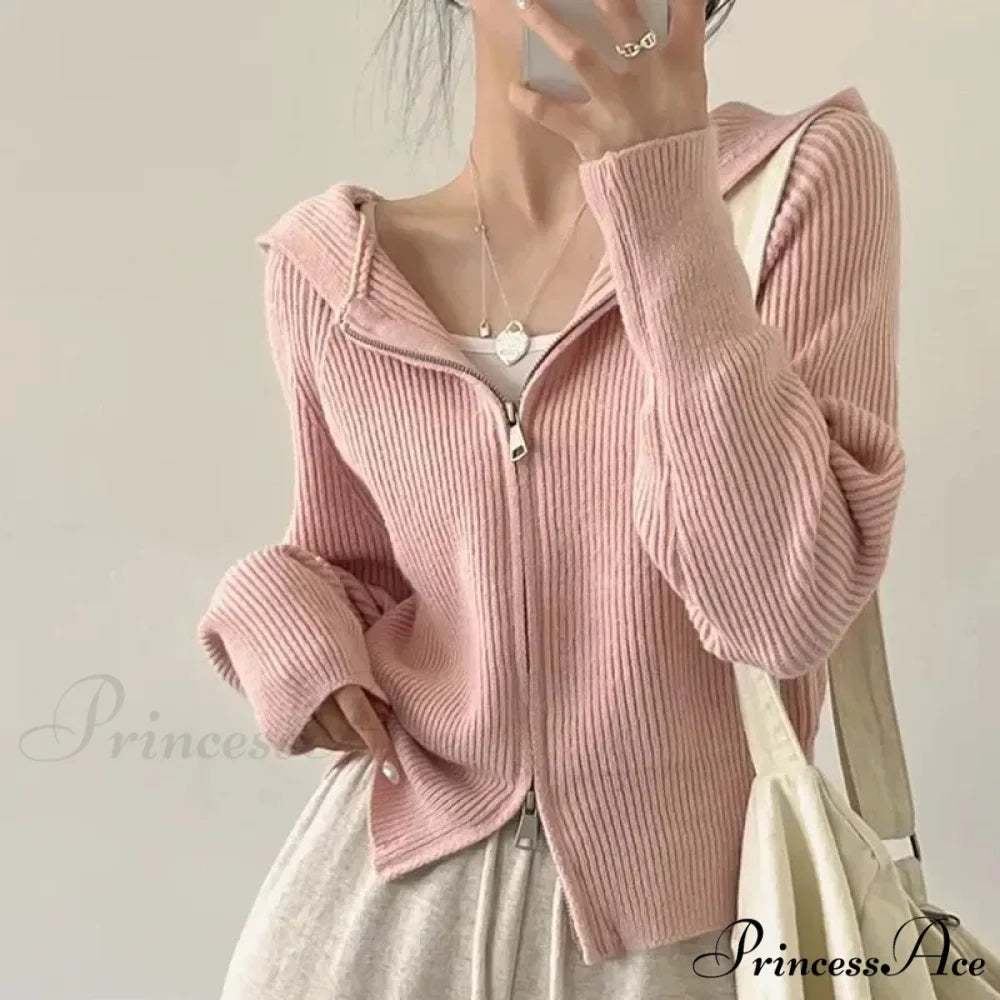 Autumn Winter Long Sleeve Short Loose Solid Knitted Zipper Cardigan 4