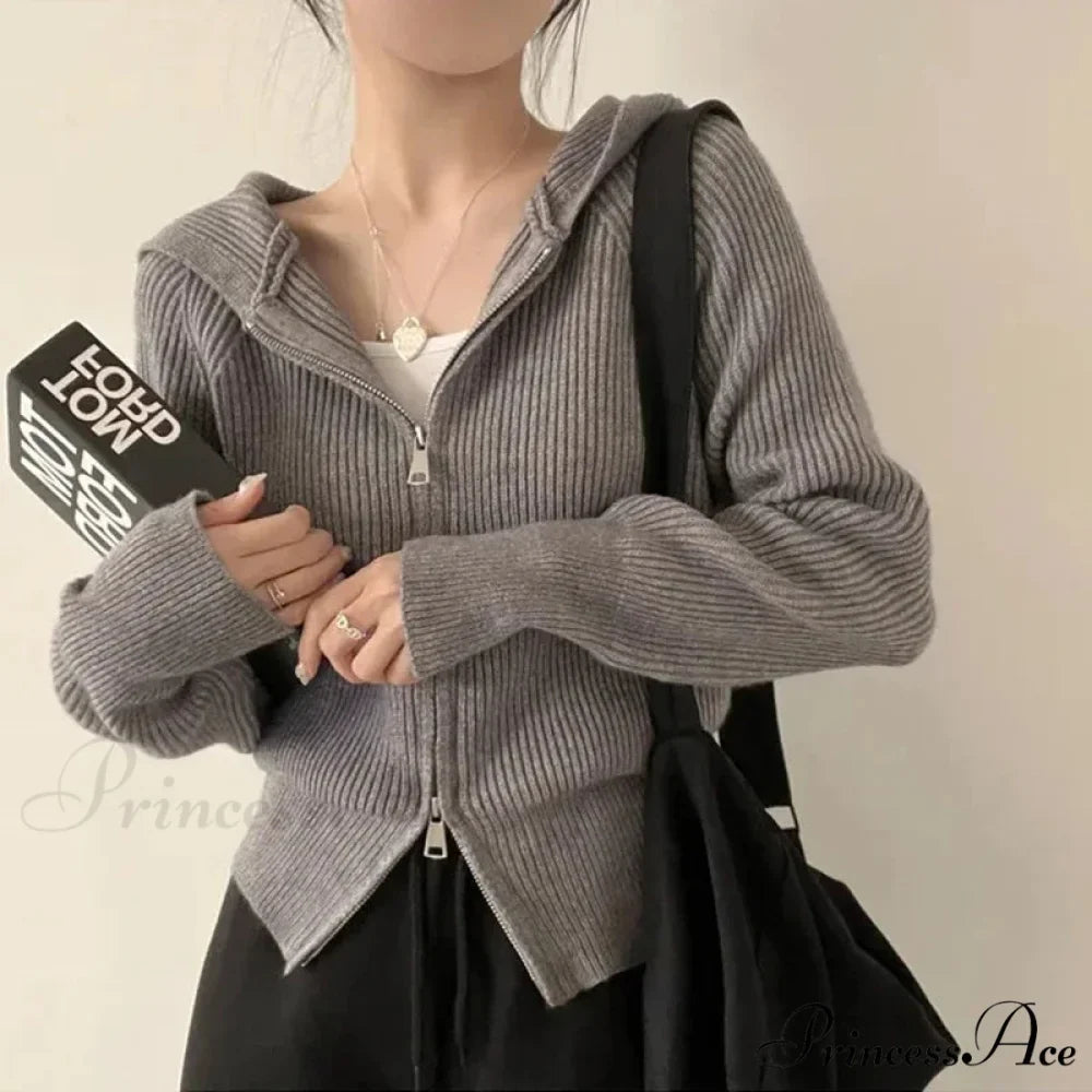 Autumn Winter Long Sleeve Short Loose Solid Knitted Zipper Cardigan 3