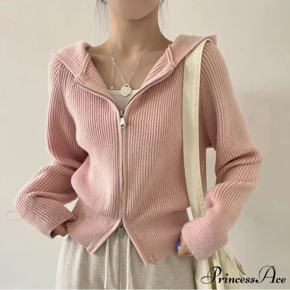 Autumn Winter Long Sleeve Short Loose Solid Knitted Zipper Cardigan 2