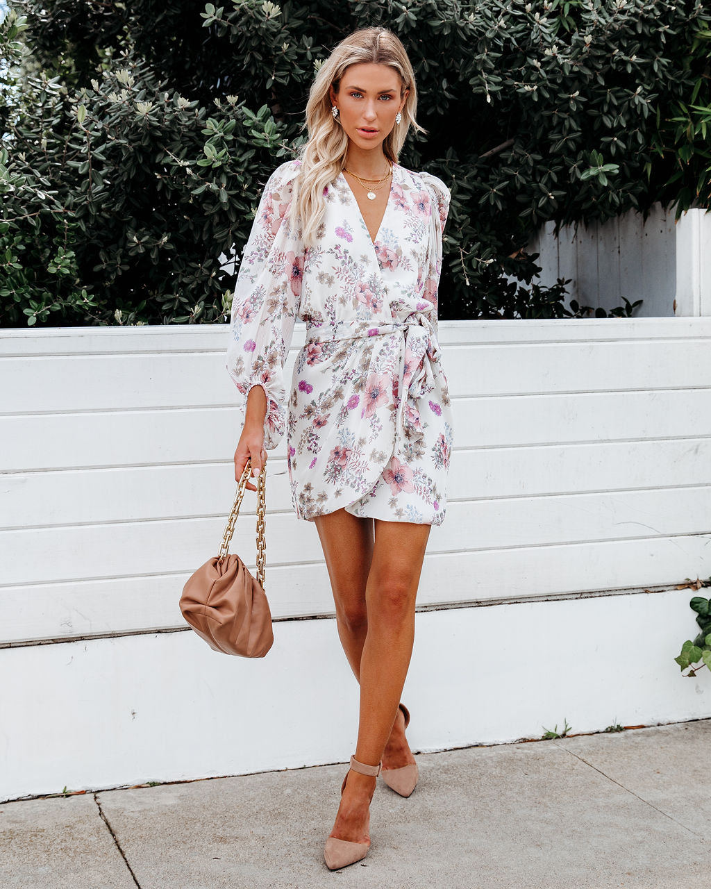 Floral Print V-Neck Puff Sleeve Wrap Mini Dress