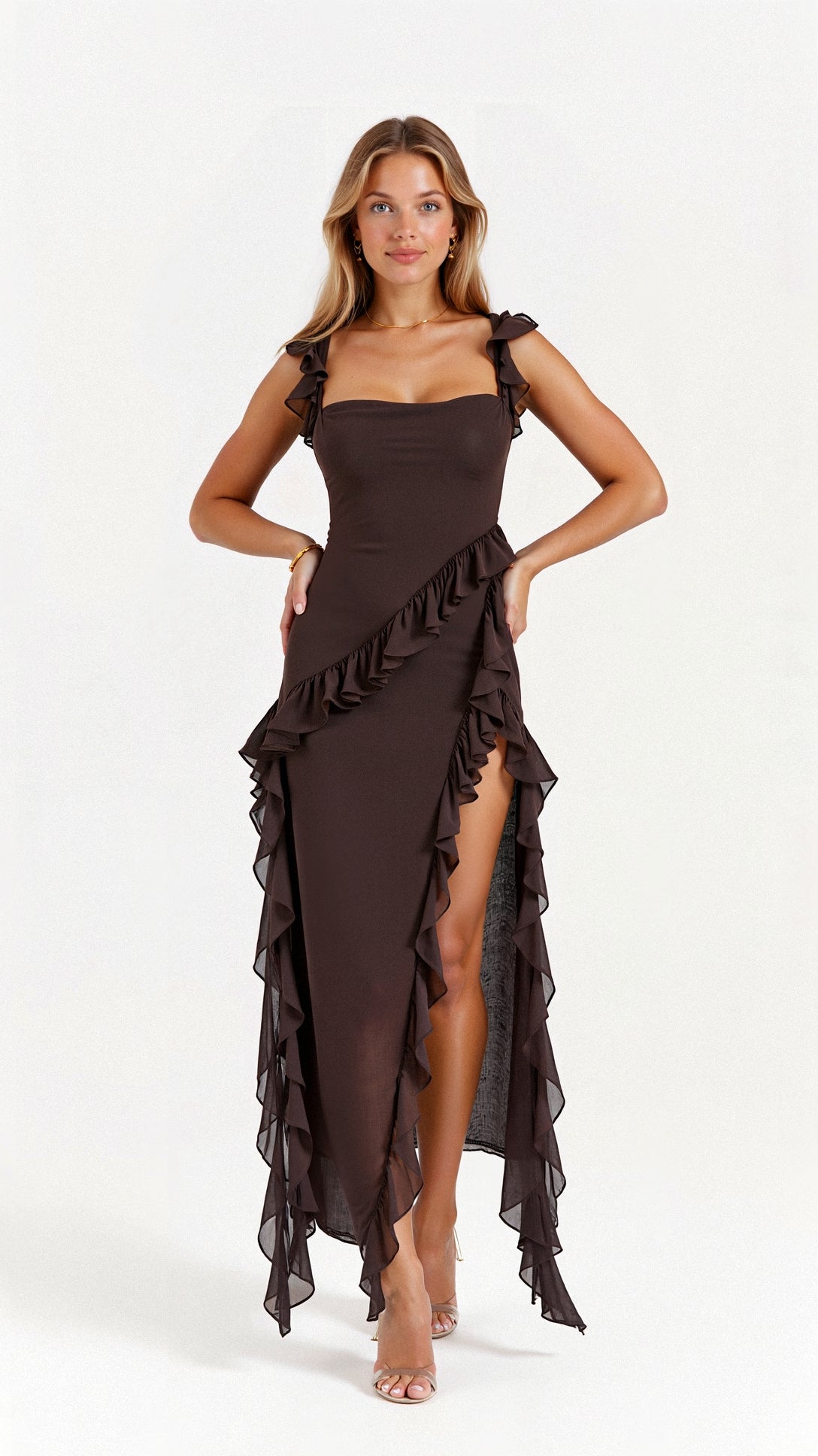 Square Neck Ruffle Strap Asymmetrical Ruffle Hem Midi Dress - View 4
