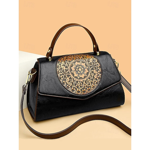 Floral Faux Vintage Engraved Handbag Leather