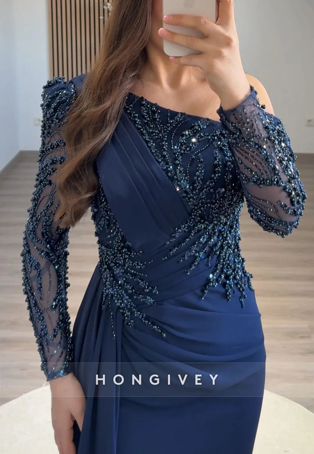 Side Draping Column Evening Gown Floor-Length One Shoulder Long Sleeve Beading Formal Dresses