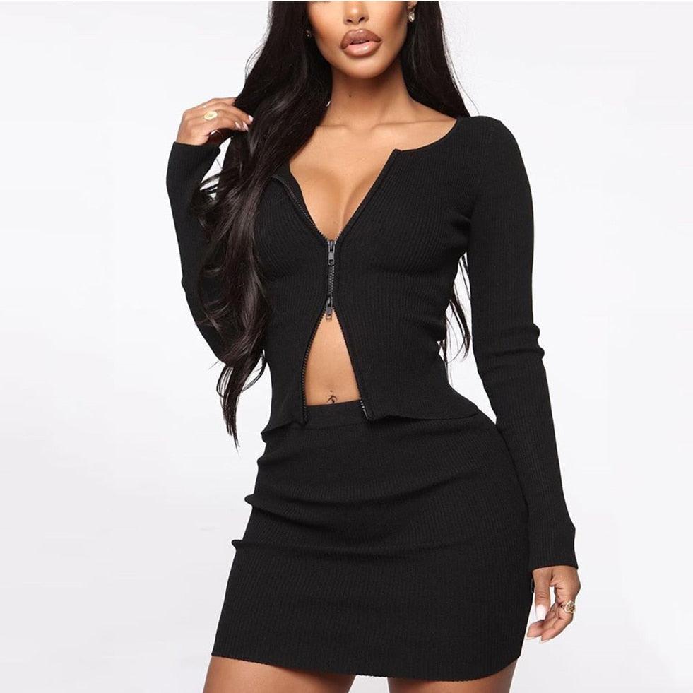 KittenAlarm - Azalea Solid Zip Front Top & Mini Skirt Set