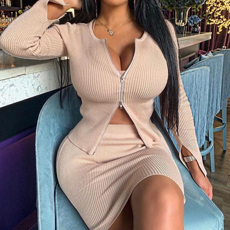 KittenAlarm - Azalea Solid Zip Front Top & Mini Skirt Set