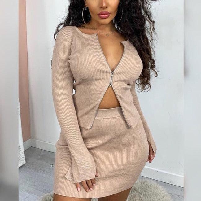 KittenAlarm - Azalea Solid Zip Front Top & Mini Skirt Set