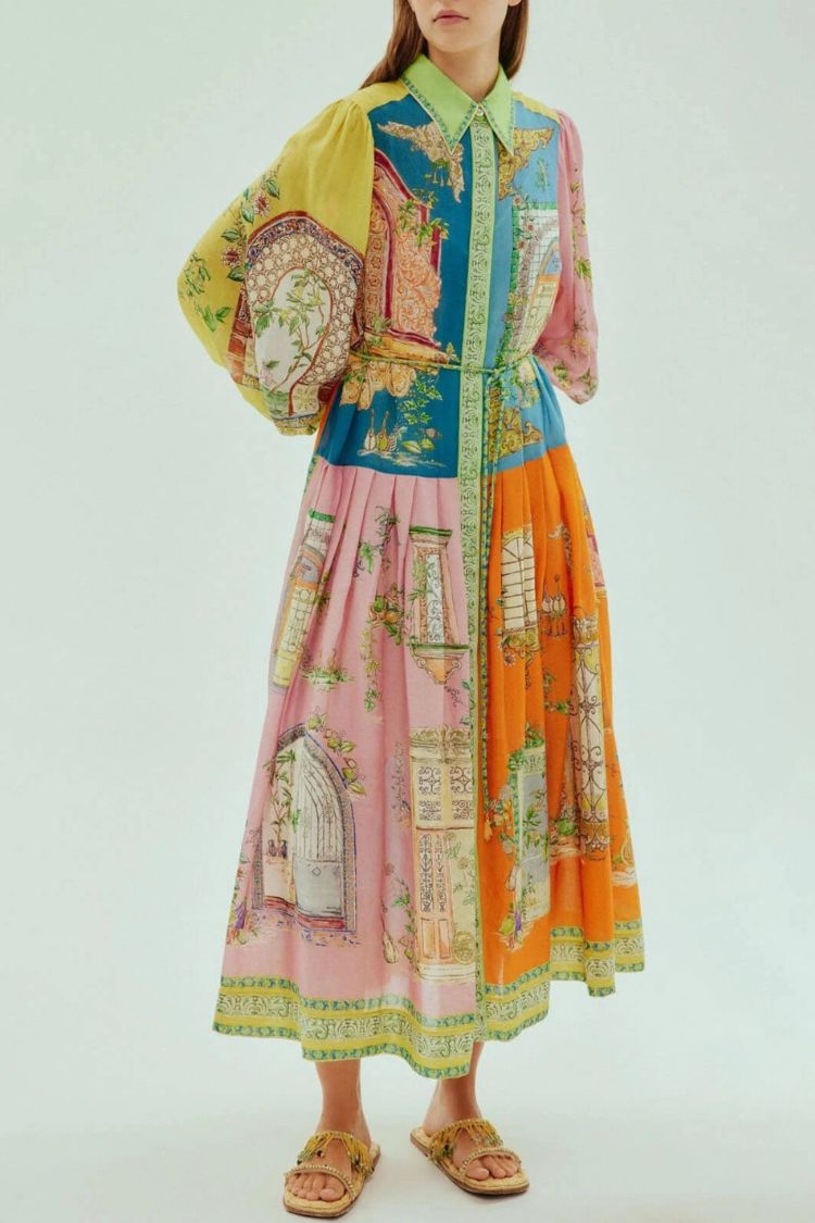 Exquisite Garden Print Button-Down Midi Dress - Fashionpara