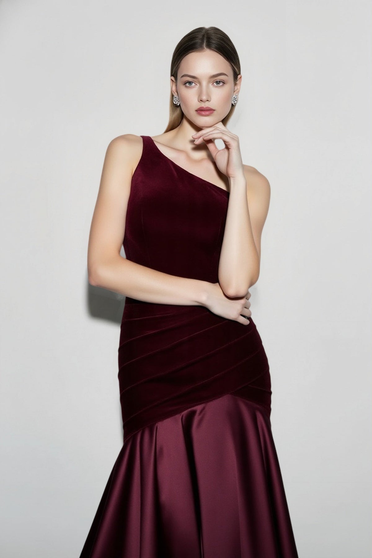 Velvet One Shoulder Satin Mermaid Maxi Gown 2