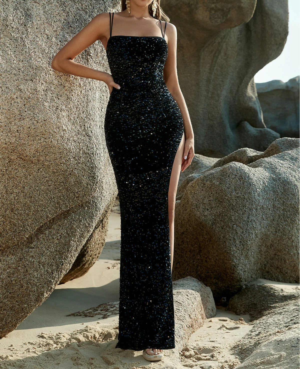 Sequin Square Neck Spaghetti Strap High Split Maxi Gown 2