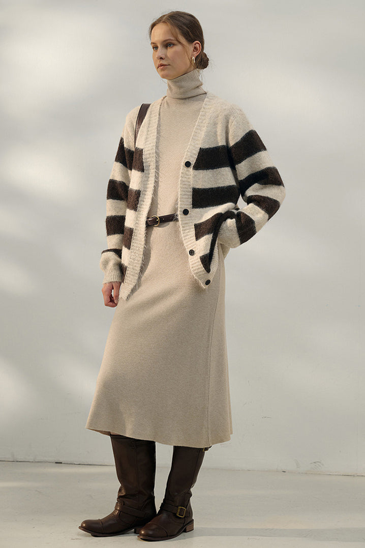 Stylish Oversized Stripe V Neck Knit Cardigan for Comfort