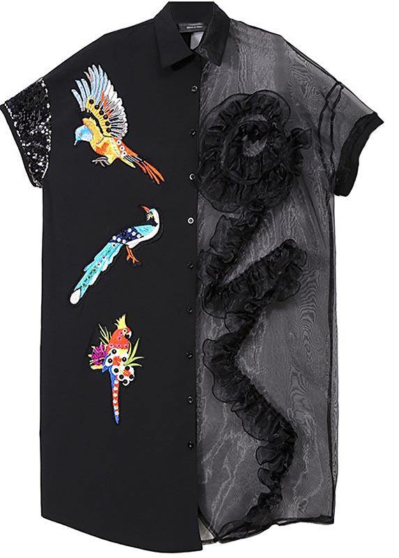 Bird Embroidery Mesh Ruffle Asymmetric Button Front Shirt Midi Dress - View 3