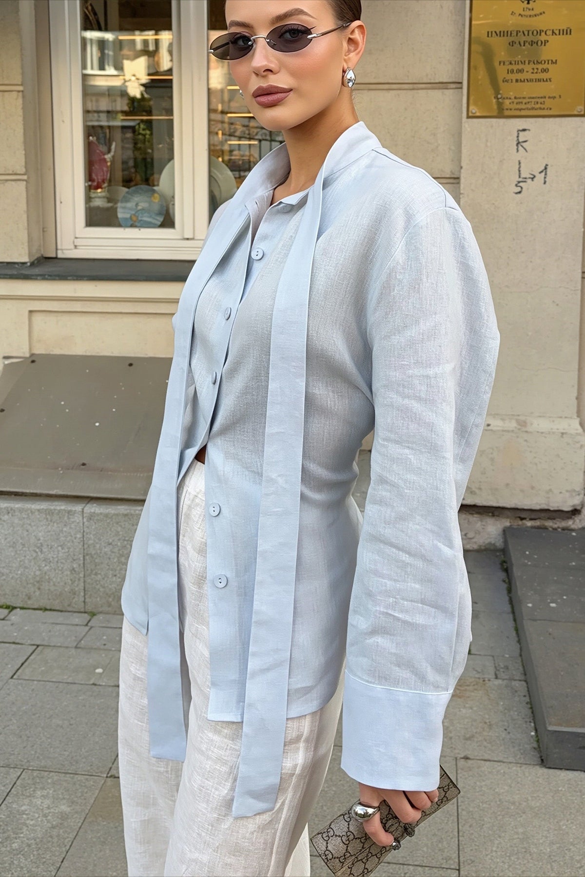 Tie Waist Solid Cotton Long Sleeve Blouse