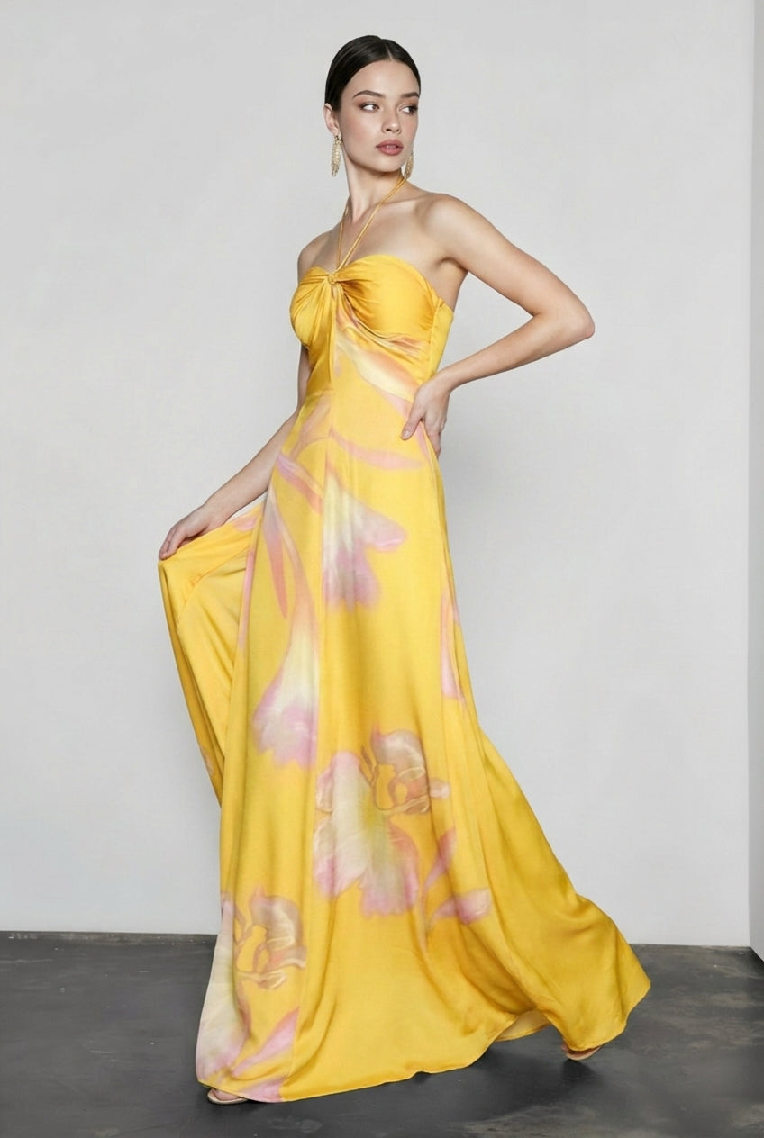 Halter Neck Twist Front Floral Print Satin Maxi Dress 4
