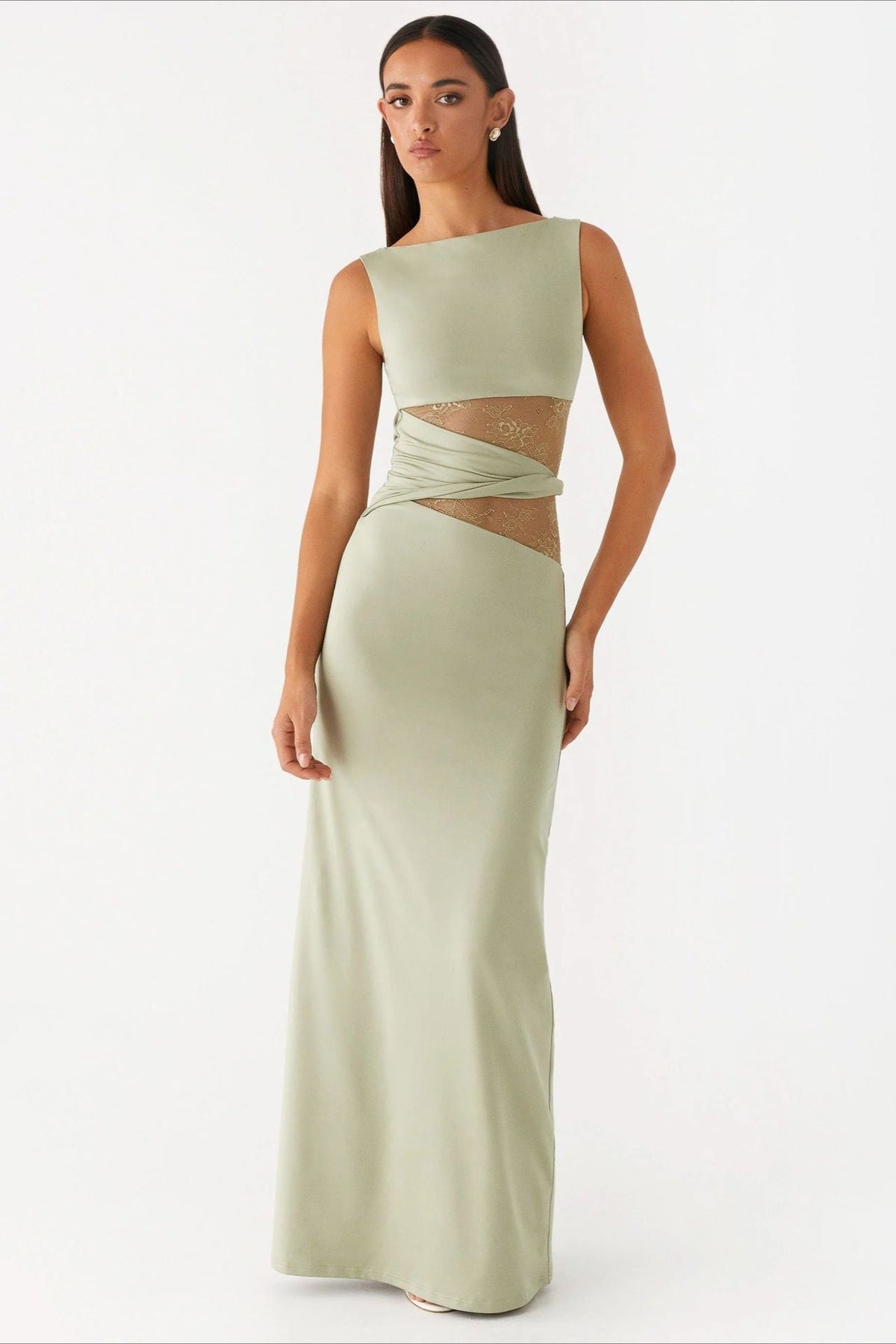 Boat Neck Sleeveless Lace Cutout Bodycon Maxi Dress