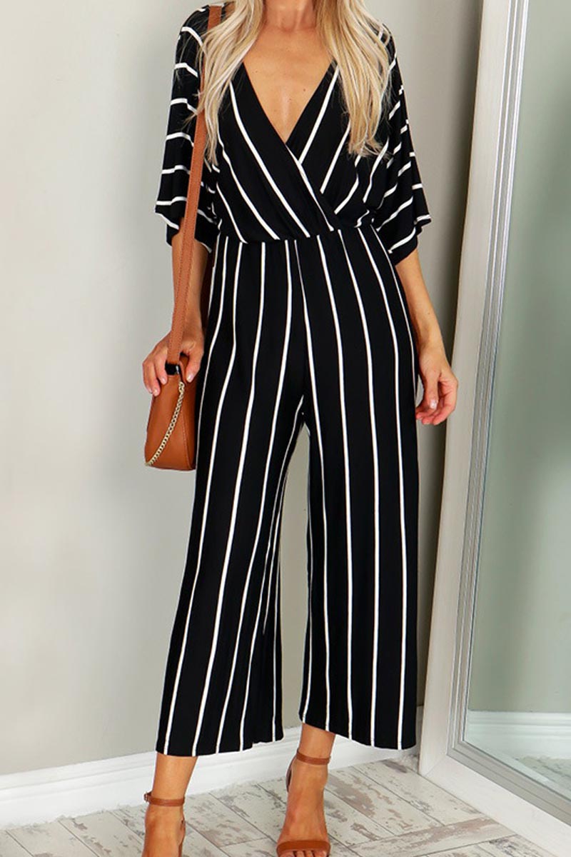 V-neck Wide-leg Striped Jumpsuit - Fashionpara