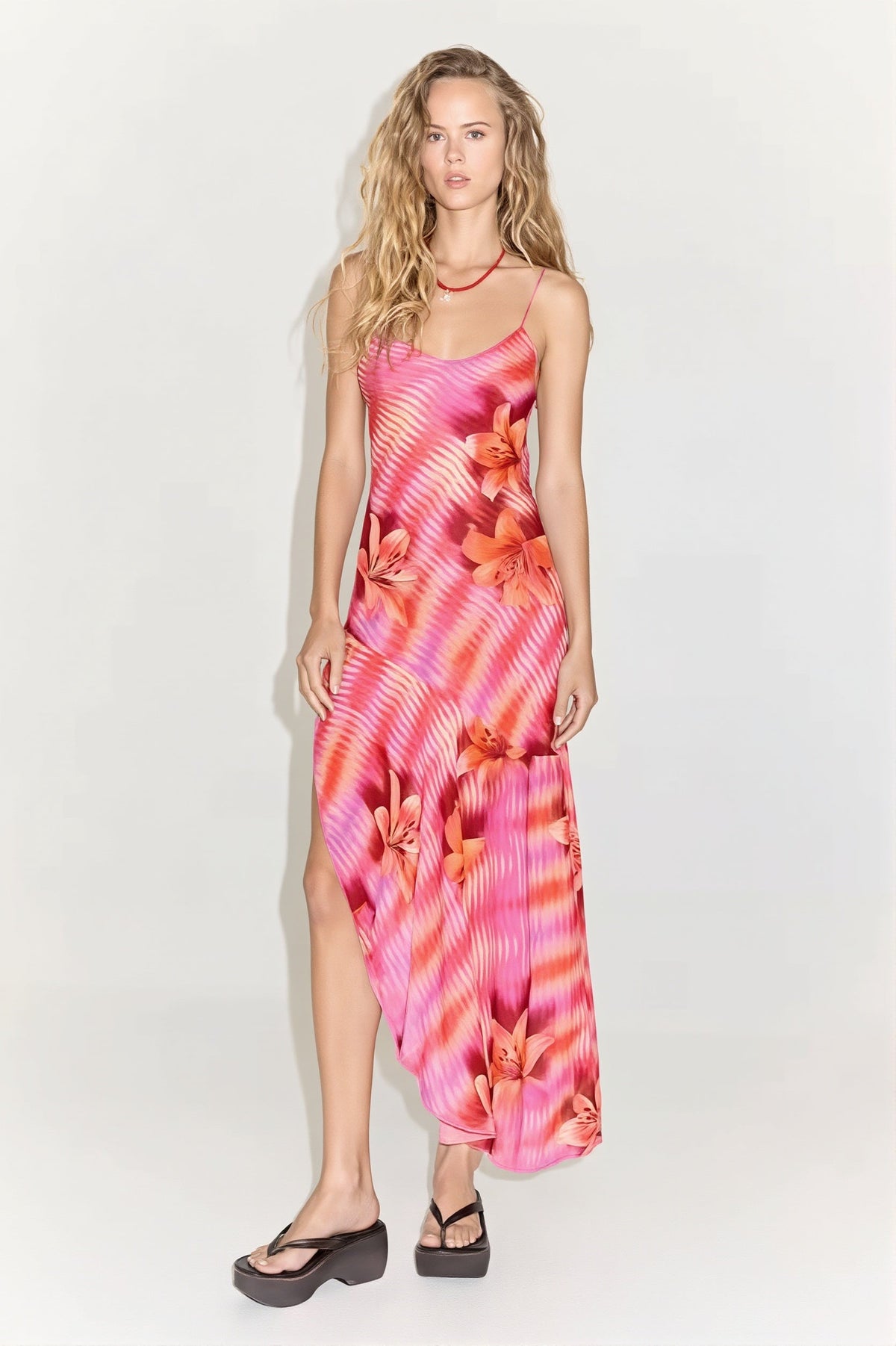 Floral Satin Cowl Neck High Split Slip Maxi Dress
