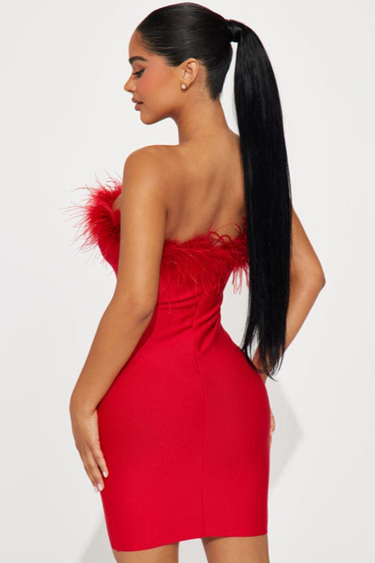 Feather-Trim Strapless Bandage Bodycon Mini Dress 6