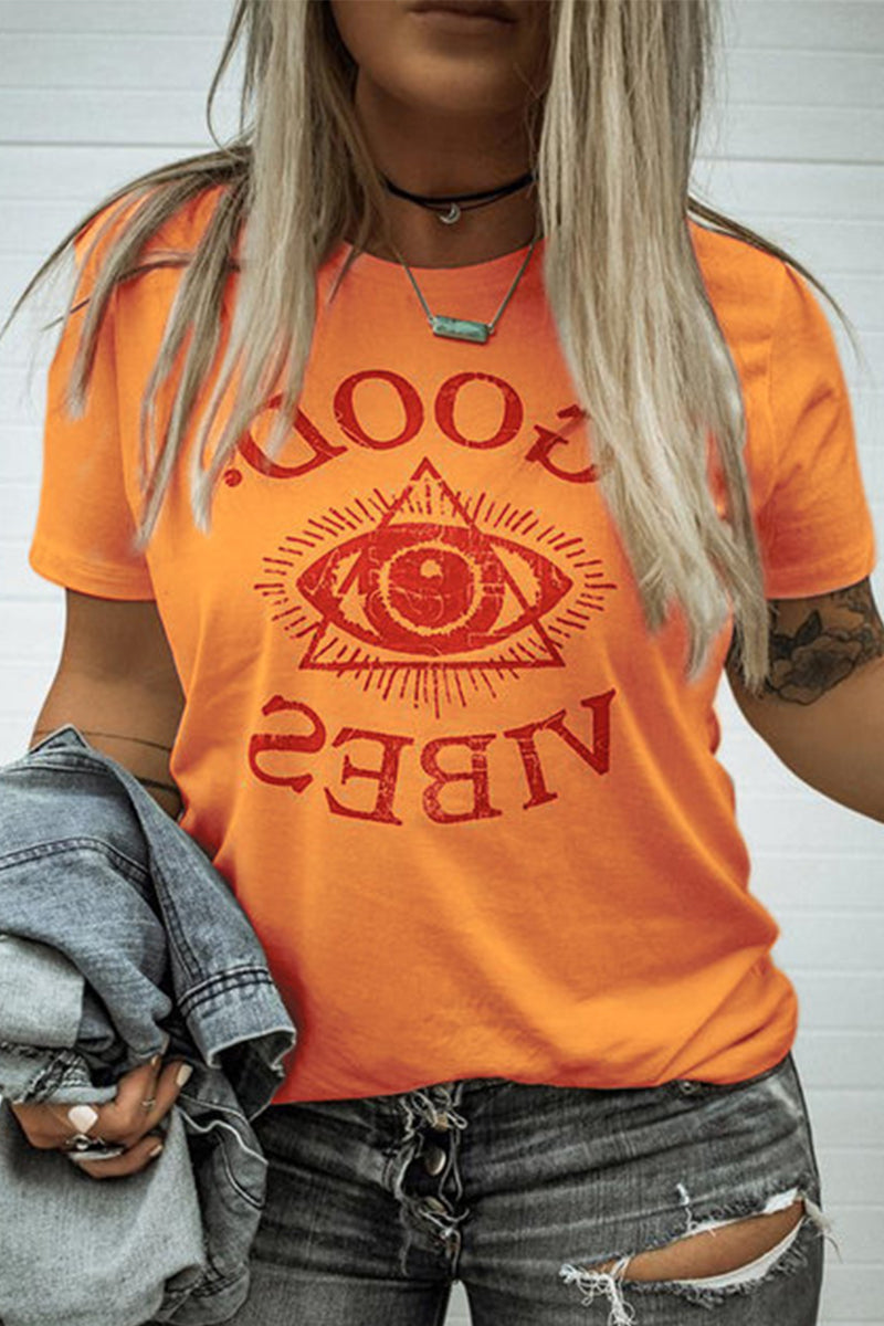 O Neck Daily Letter GOOD VIBES Print White T-shirt Fashionpara