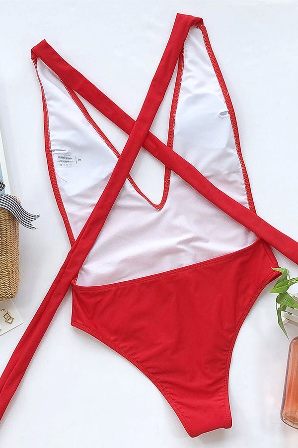 Deep V-neck Strap One-piece Swimsuit - Fashionpara