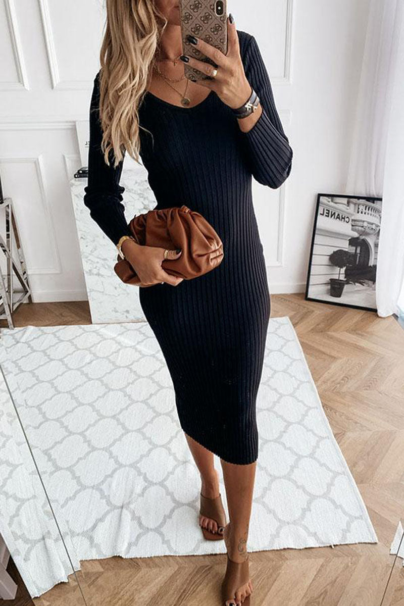 V Neck Casual Long Sweater Dress(3 Colors)