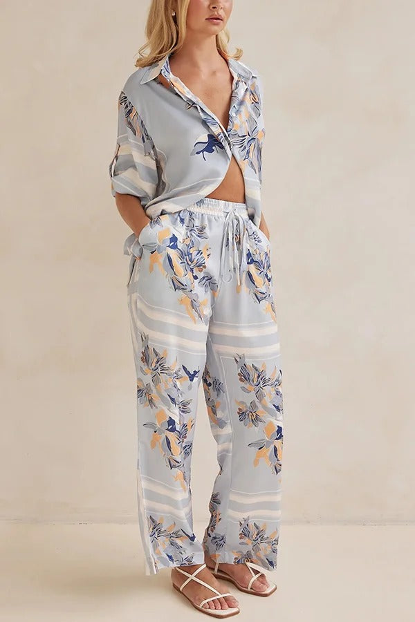 Fashionable Plant Print Loose Lapel Short Sleeve Shirt and Casual Elastic Waist Pocket Pants Set - Fashionpara