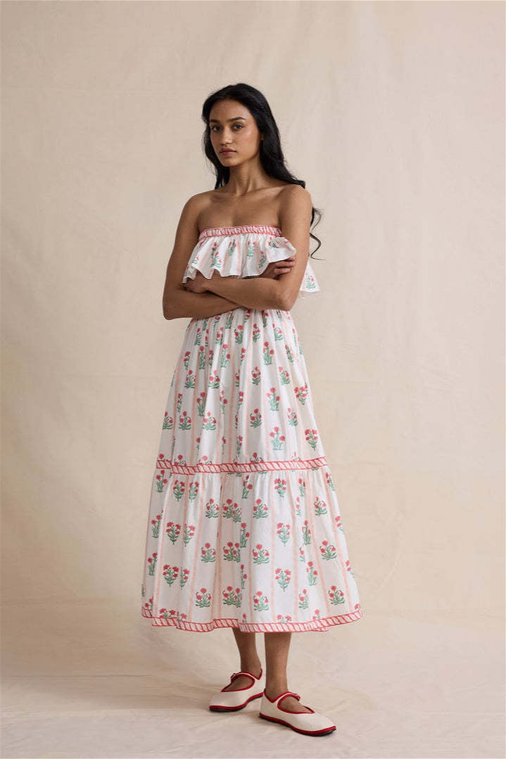 Floral Print Strapless Ruffle Tiered Midi Dress