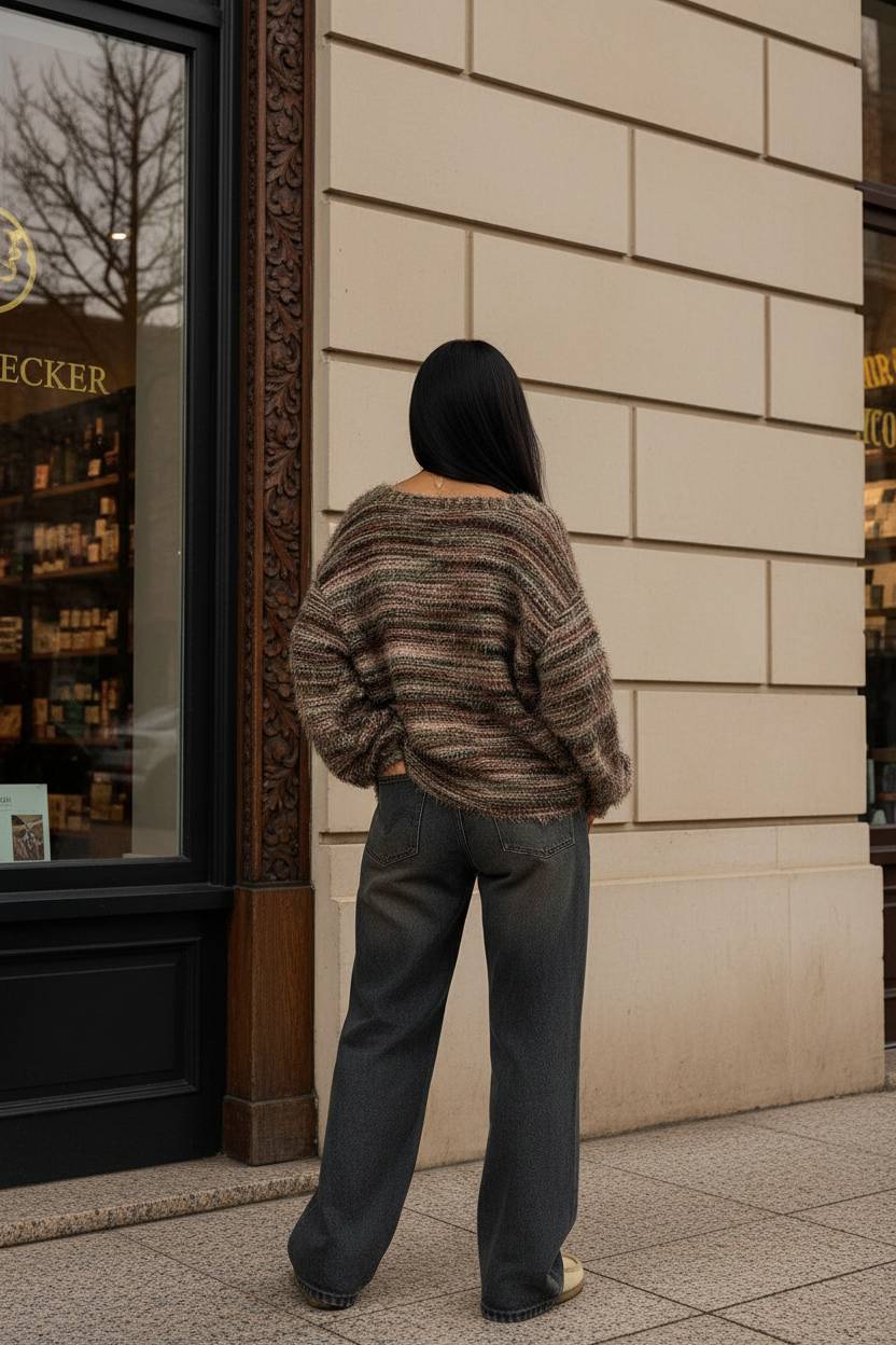 New Retro Fashion Deep V-Neck Maillard Plush Long-Sleeve Knit Cardigan - Fashionpara