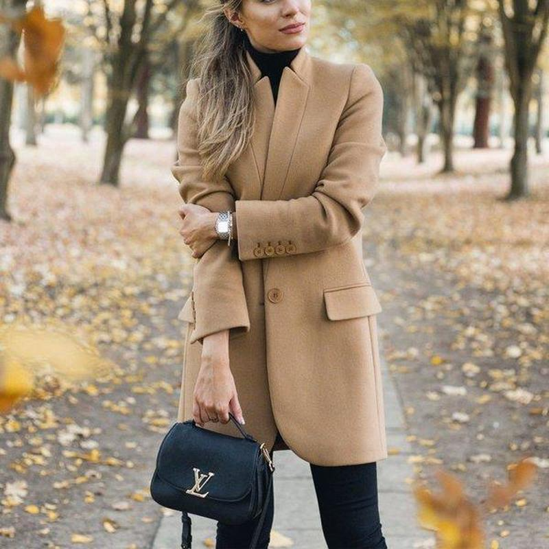 Solid Color Stand-Up Collar Pocket Coat Fashionpara