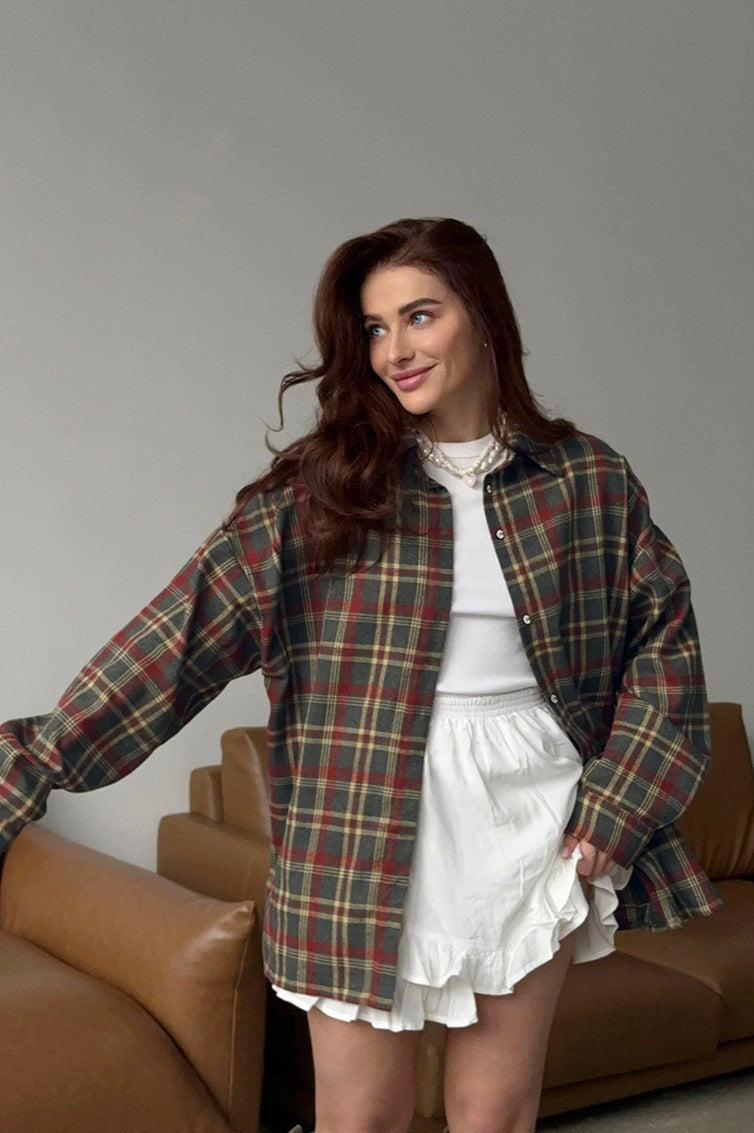 American Style Plaid Mid-Length Blouse